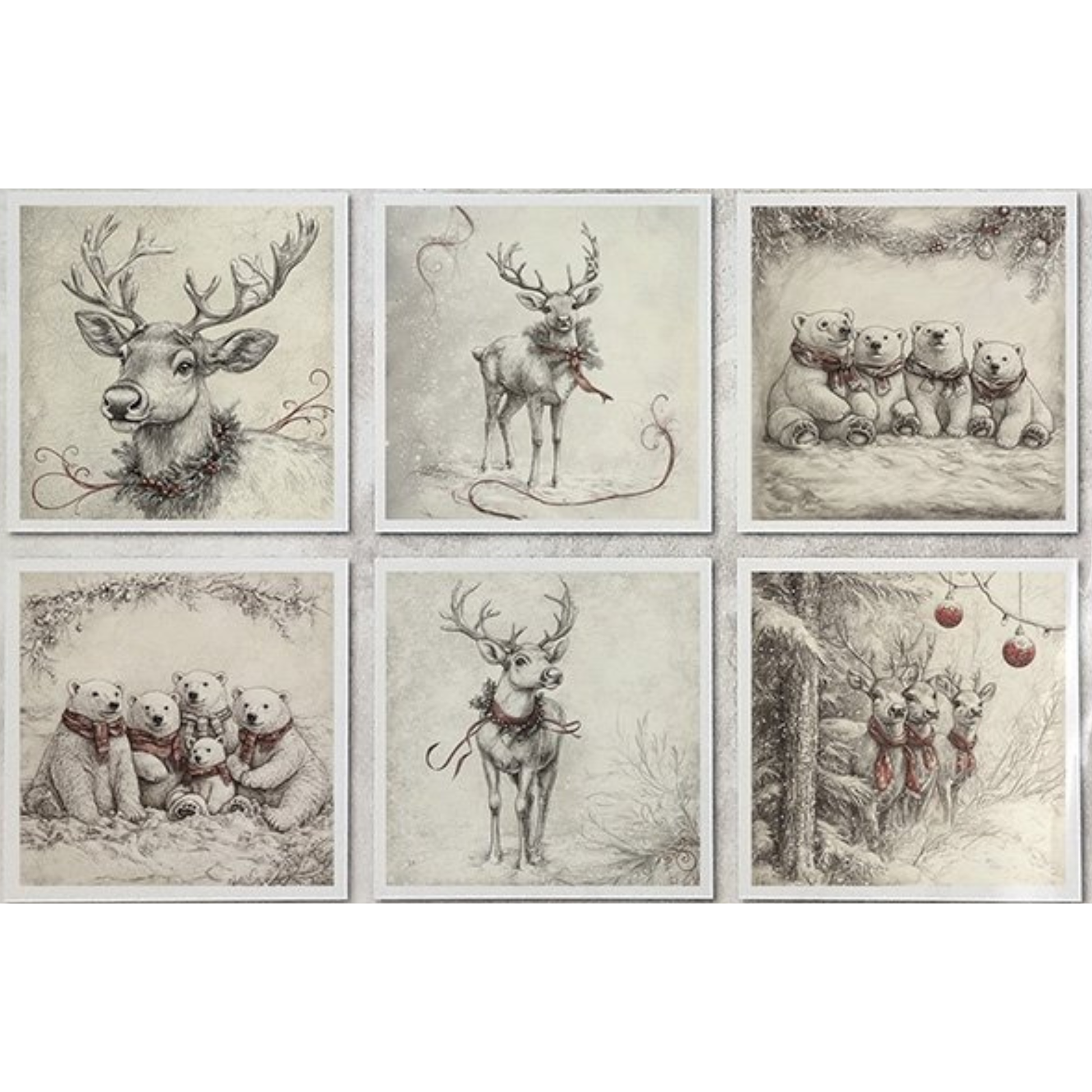 Set of six framed artworks featuring deer and bears in a rustic style.
