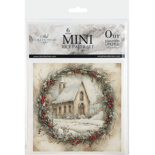 Packaging of mini rice paper set with a winter scene design featuring a church and wreath.
