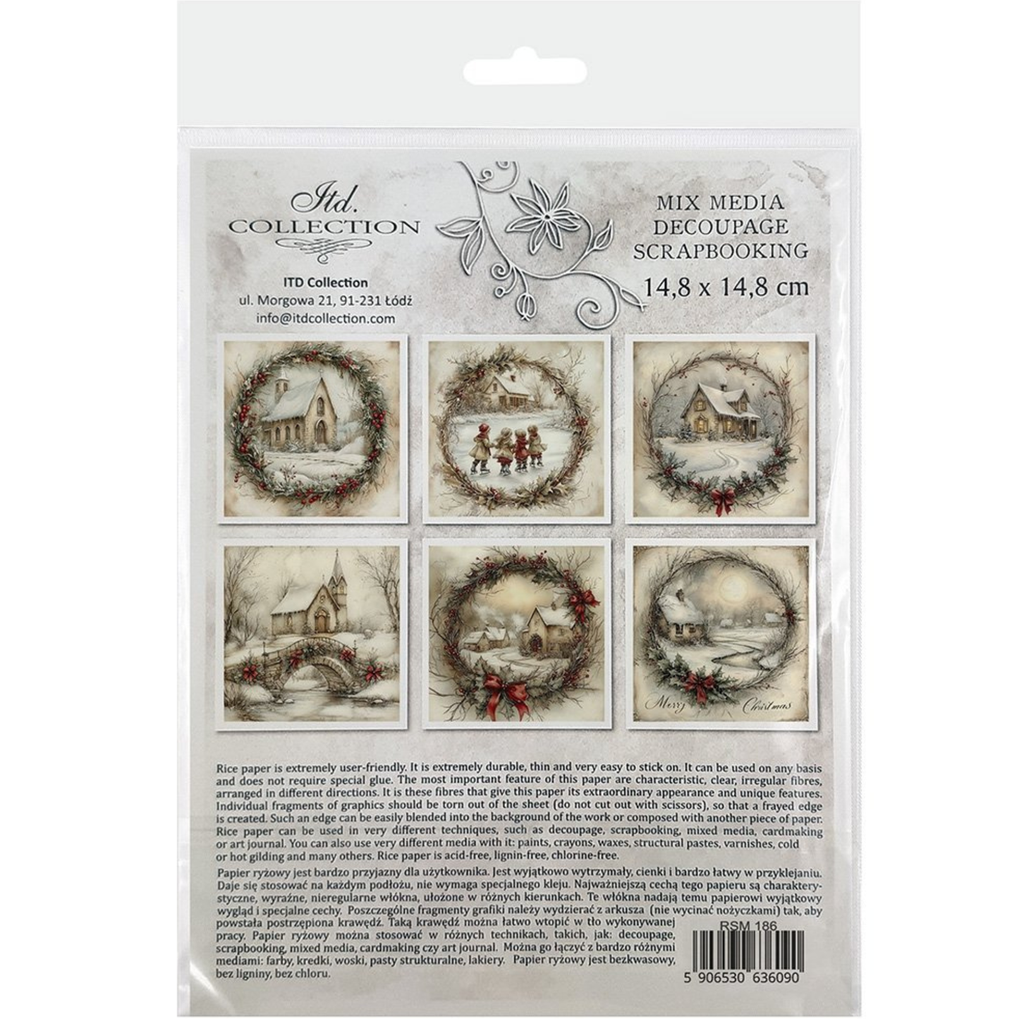 Packaging of Mix Media Decoupage Scrapbooking paper with winter-themed designs.