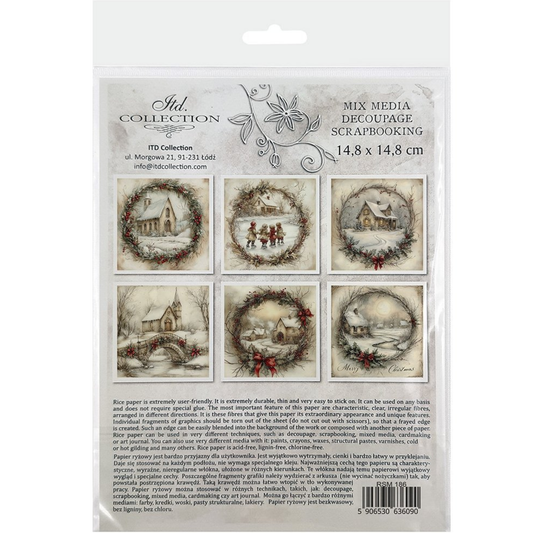 Packaging of Mix Media Decoupage Scrapbooking paper with winter-themed designs.