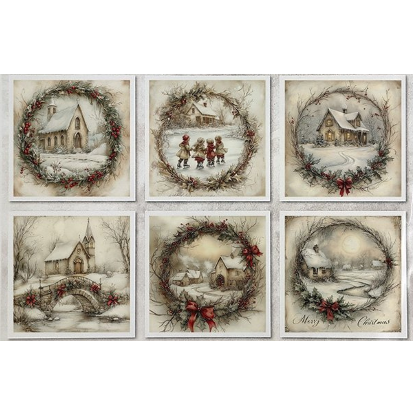 Set of six Christmas-themed prints with winter scenes and wreaths on a white background.