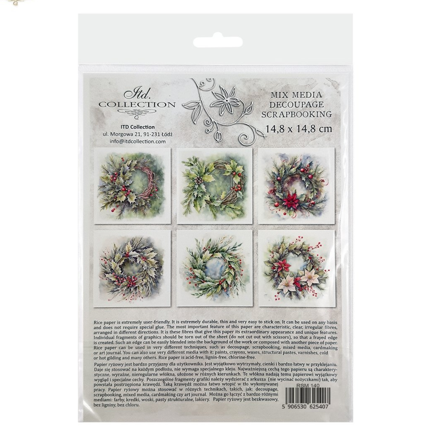 Packaging of decorative paper sheets with floral wreath designs on a white background.