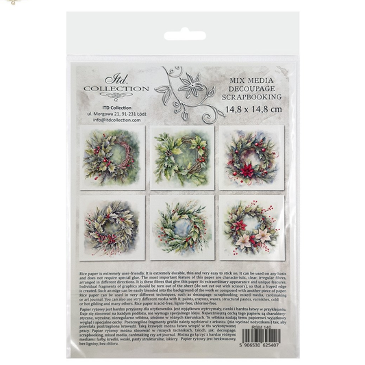 Packaging of decorative paper sheets with floral wreath designs on a white background.