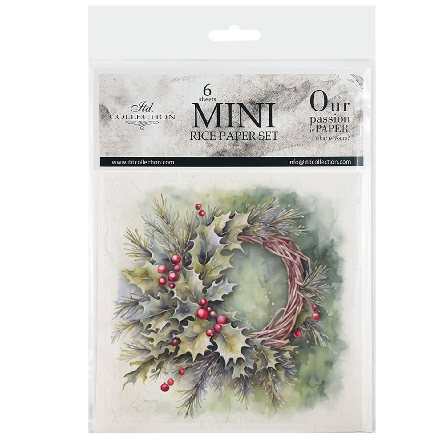 Packaging of mini rice paper set with a Christmas wreath design on a white background.