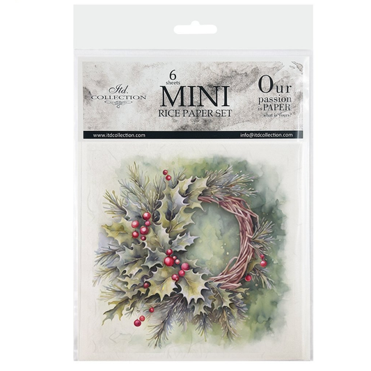Packaging of mini rice paper set with a Christmas wreath design on a white background.
