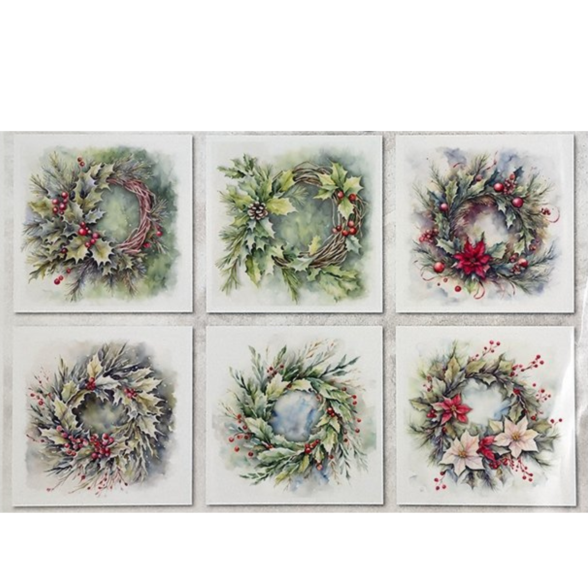 Set of six decorative cards with watercolor wreath designs on a white background