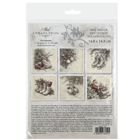 Packaging of ITD Collection mix media decoupage scrapbooking paper with Christmas-themed designs.