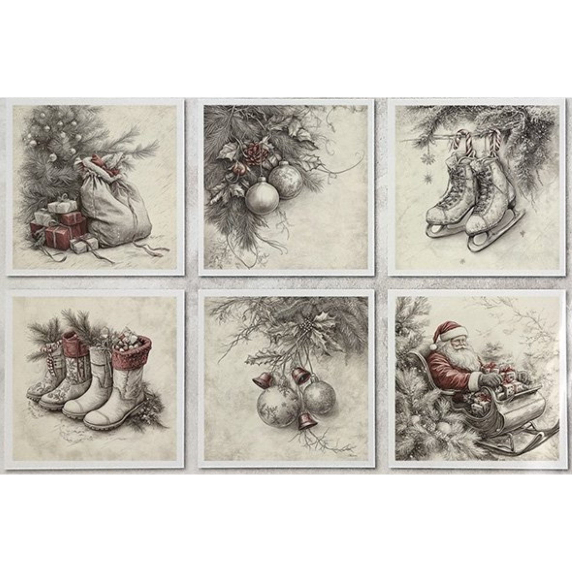 Set of six Christmas-themed cards with vintage-style illustrations on a white background.