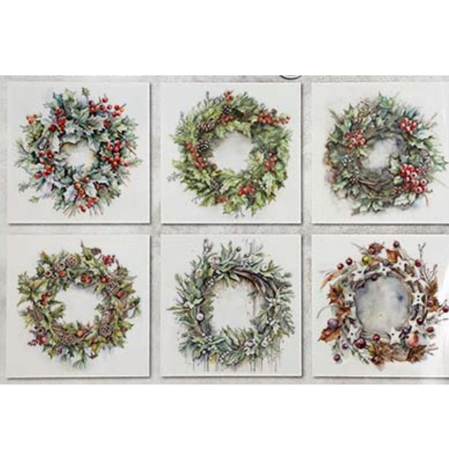 Six decorative images of Christmas wreath designs on a white background