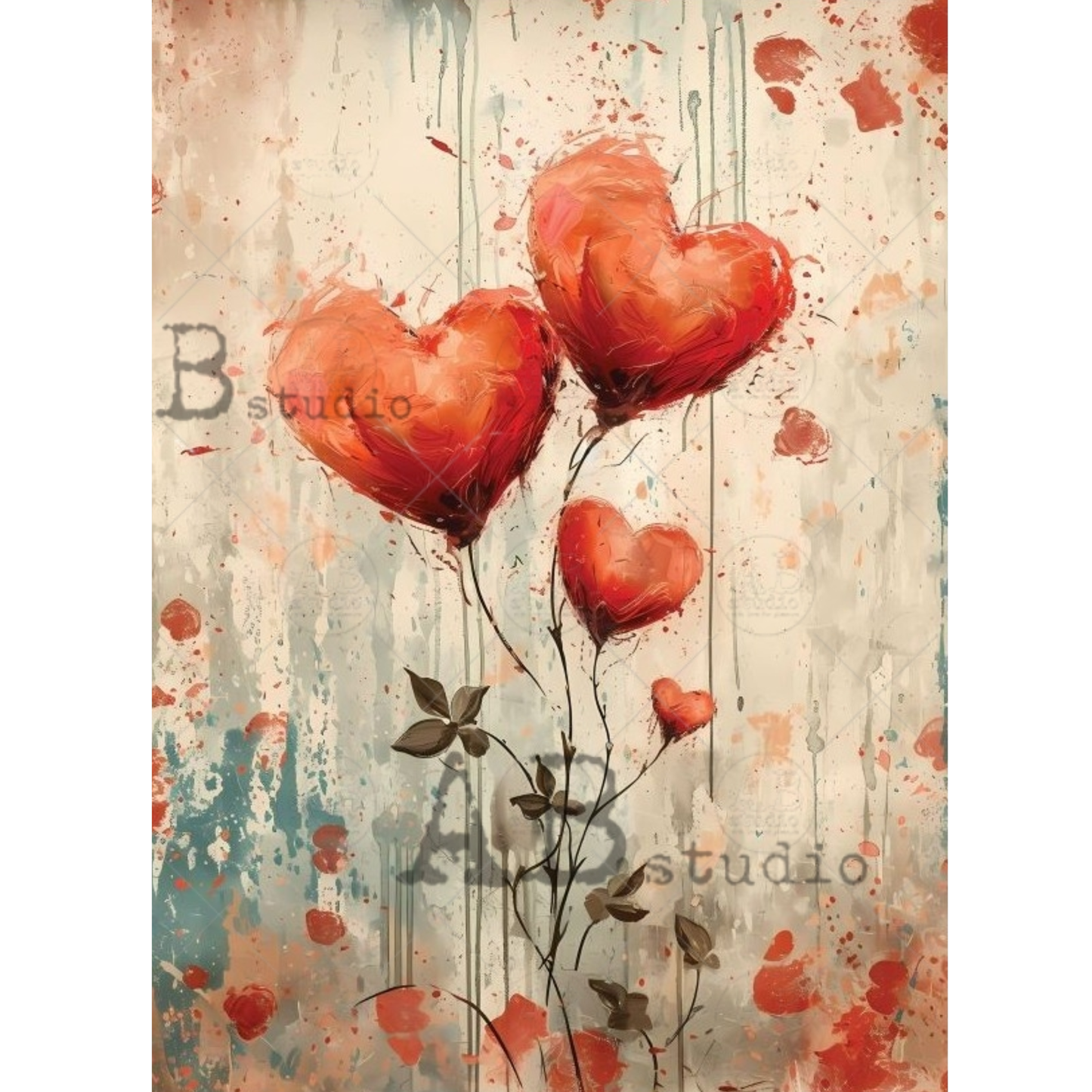 Artistic depiction of heart-shaped balloons with a textured background.