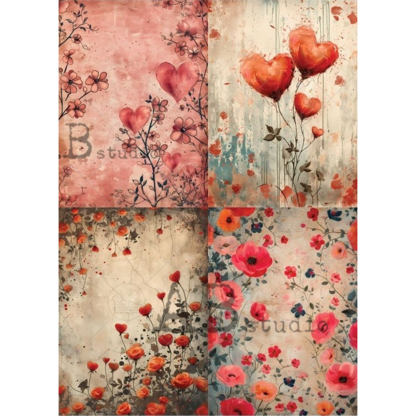 Collage of four floral and heart designs.