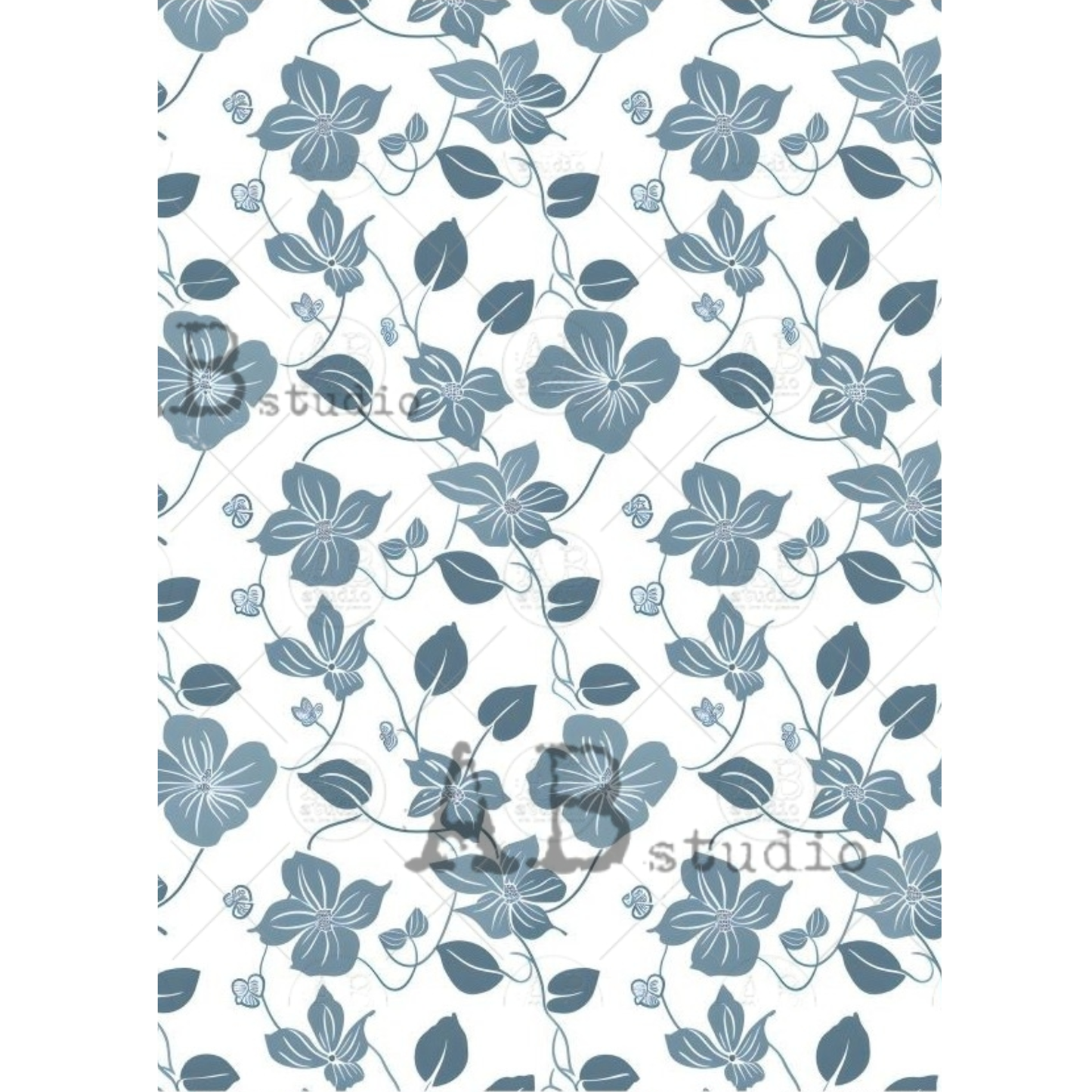 Blue floral pattern on a white background.