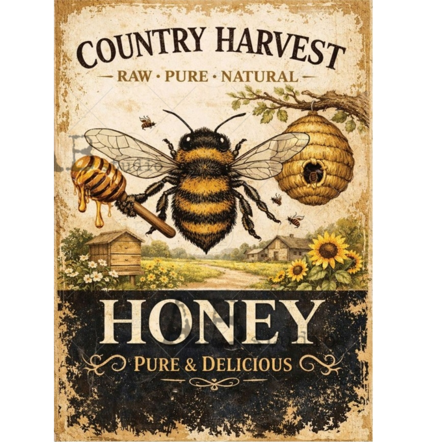 Vintage-style honey advertisement with a bee and honeycomb on a rustic background.
