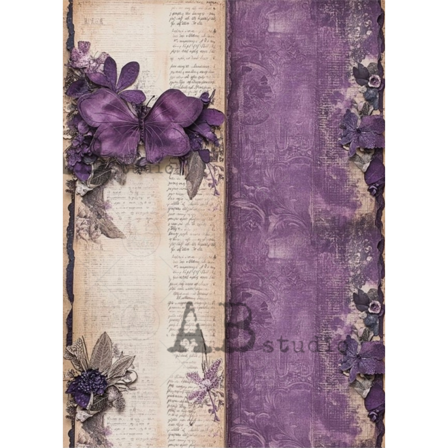 Decorative paper with 2 vertical designs of purple flowers and text.