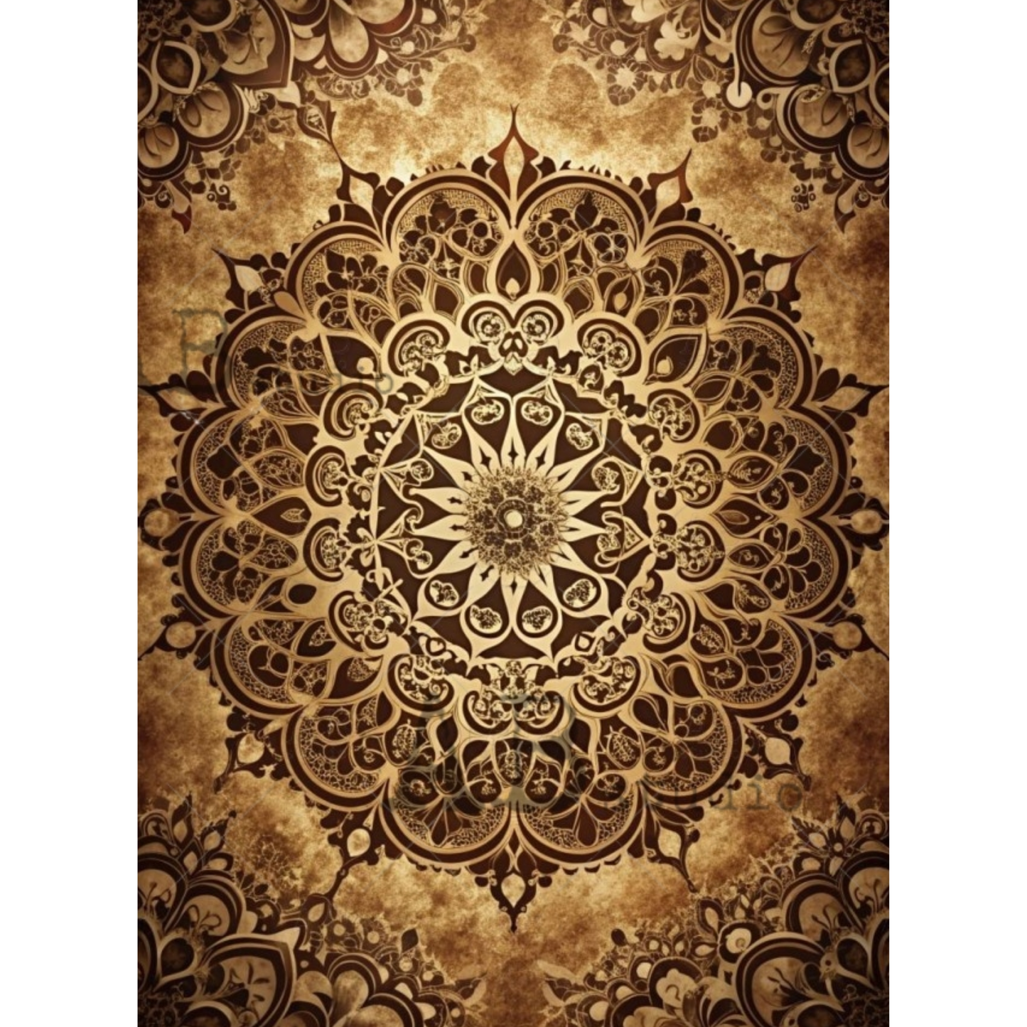 An ornate symmetrical mandala-style pattern in warm brown and beige tones.