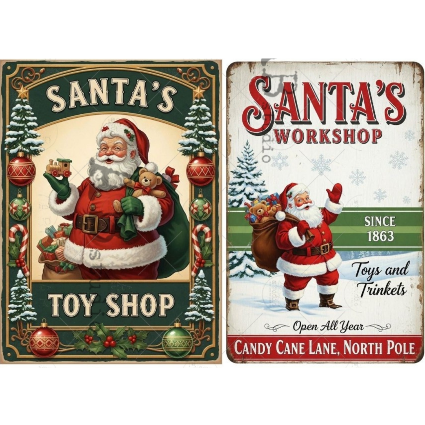 Two vintage-style Santa-themed sign images. The left sign reads 'Santa's Toy Shop' with an illustration of Santa carrying gifts and toys, surrounded by Christmas trees and ornaments. The second reads, "Santa's Workshop" and shows an illustration of Santa with toy bag.