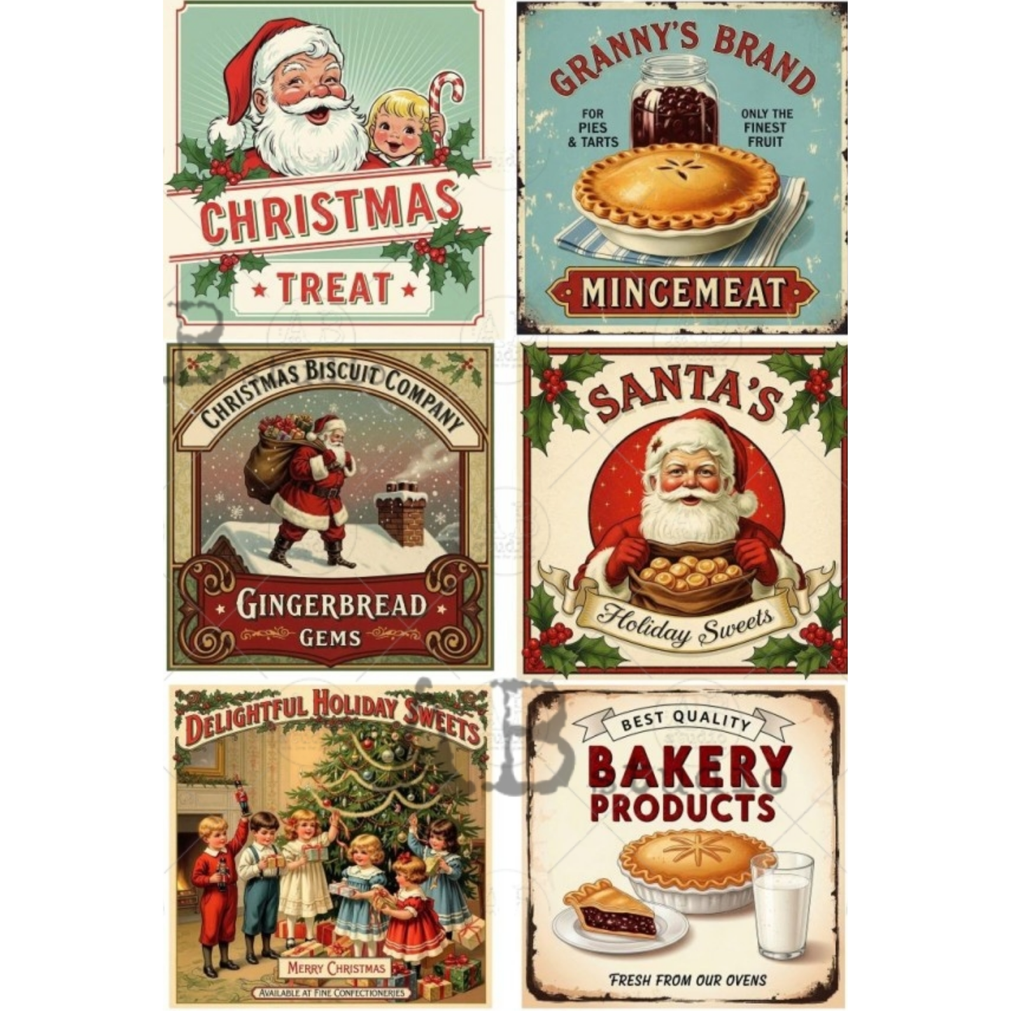 Six vintage Christmas-themed sign designs featuring Santa Claus, pies, gingerbread, and holiday sweets with retro typography.