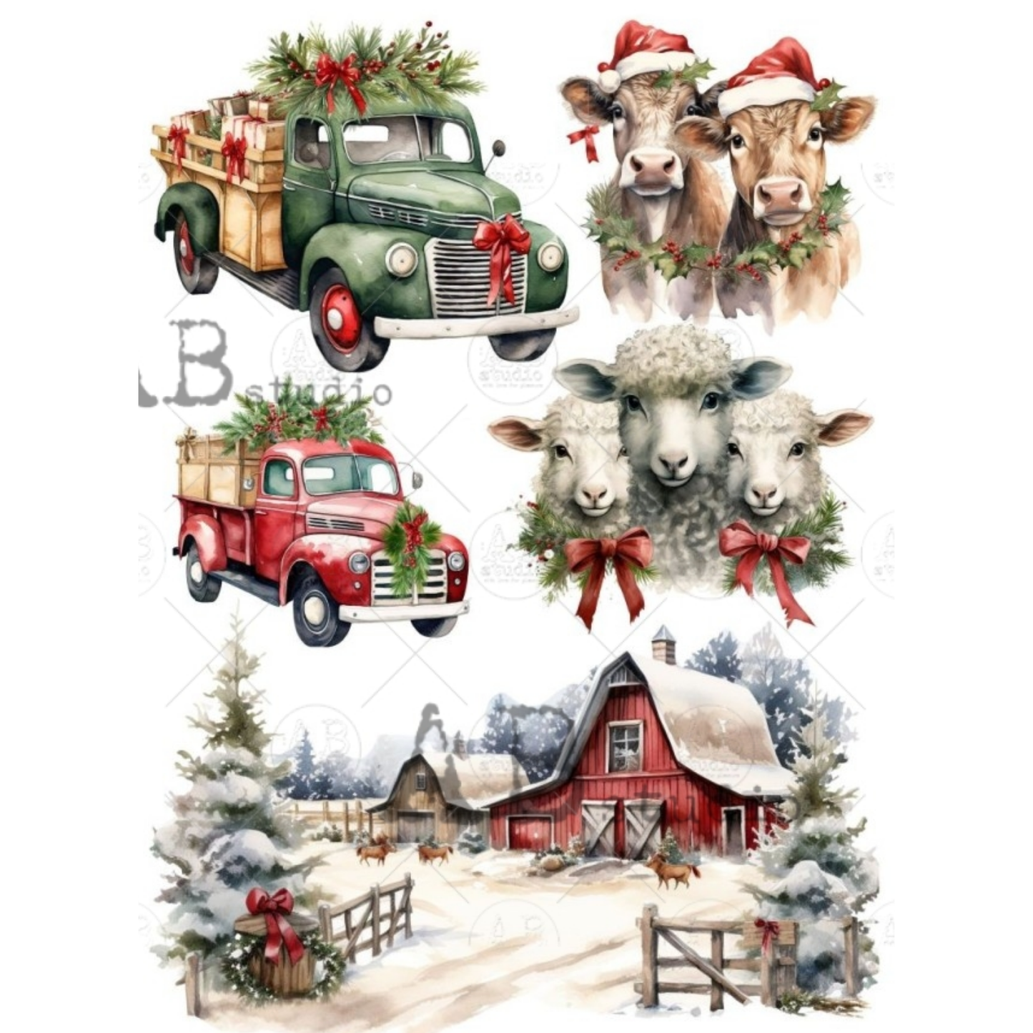A collage of Christmas-themed watercolor illustrations, including two vintage trucks decorated with greenery and red bows, three cows wearing Santa hats, three sheep with red bows, and a snowy farm scene with a red barn and evergreen trees.