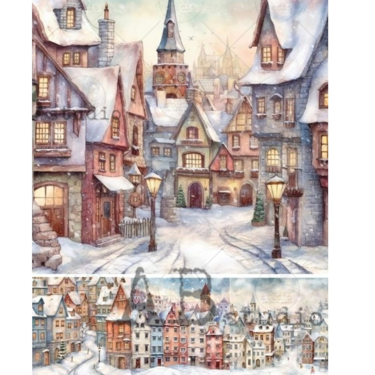 Winter village scene with snow-covered houses and street lamps.