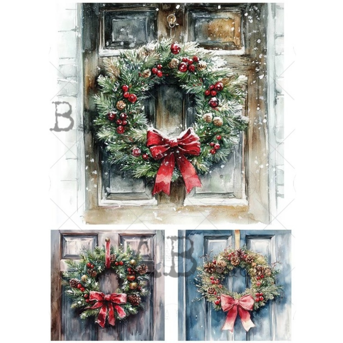 Christmas wreaths with red bows on door backgrounds.