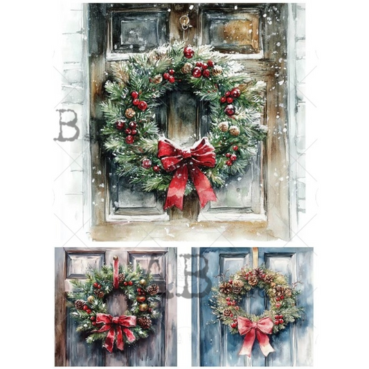 Christmas wreaths with red bows on door backgrounds.