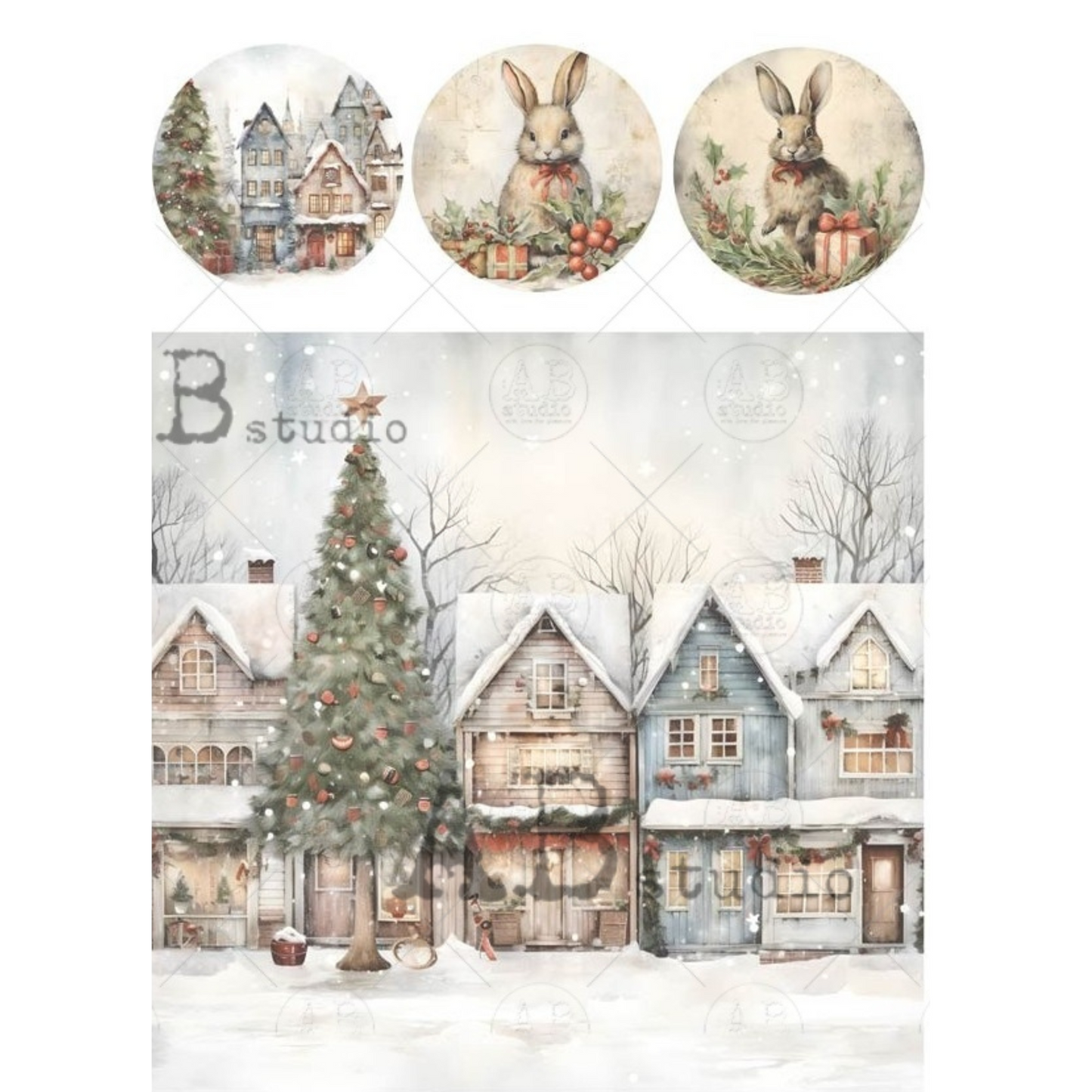 Colorful, snow-covered row houses with a decorated evergreen and 3 coordinating ornament rounds with rabbits and houses.