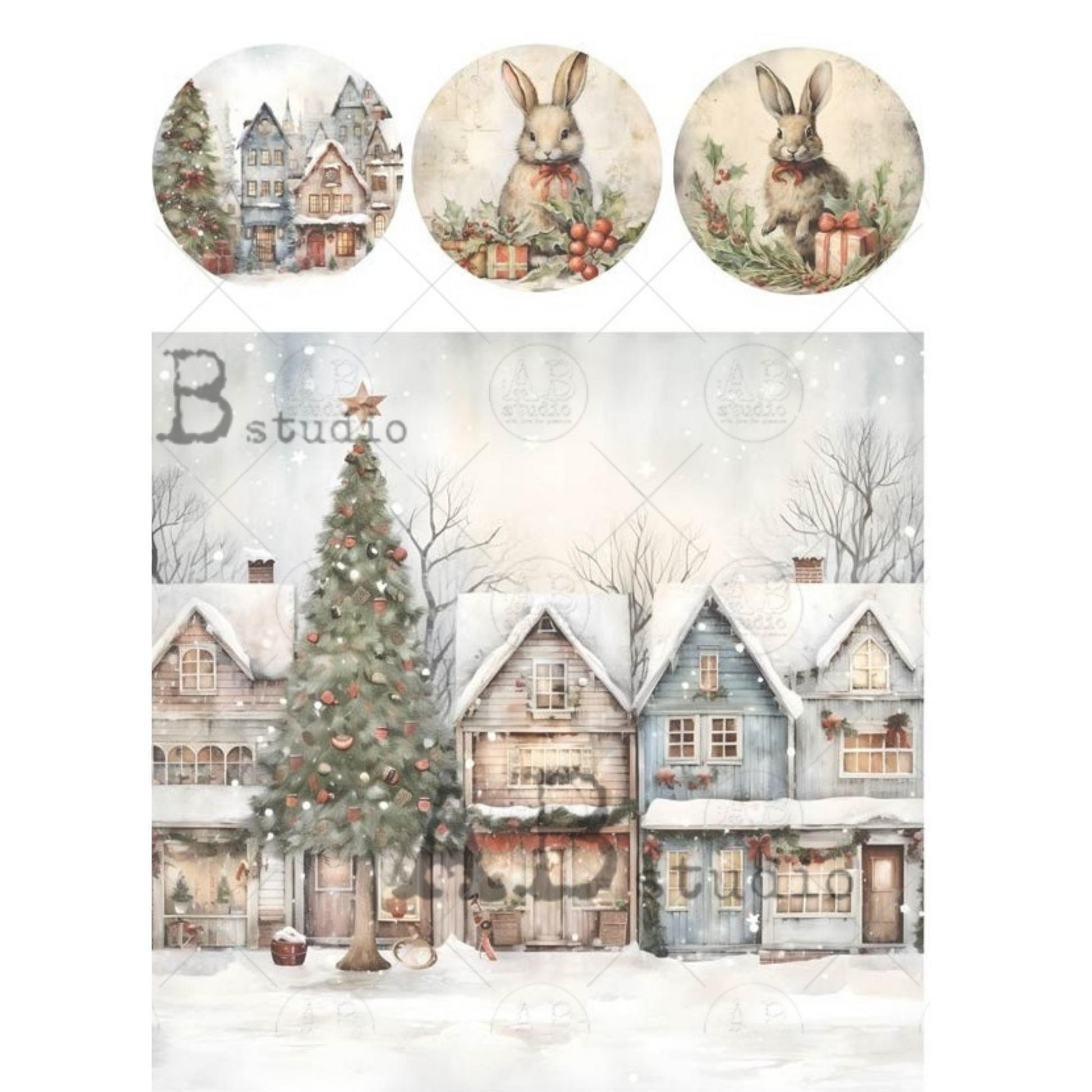 Colorful, snow-covered row houses with a decorated evergreen and 3 coordinating ornament rounds with rabbits and houses.