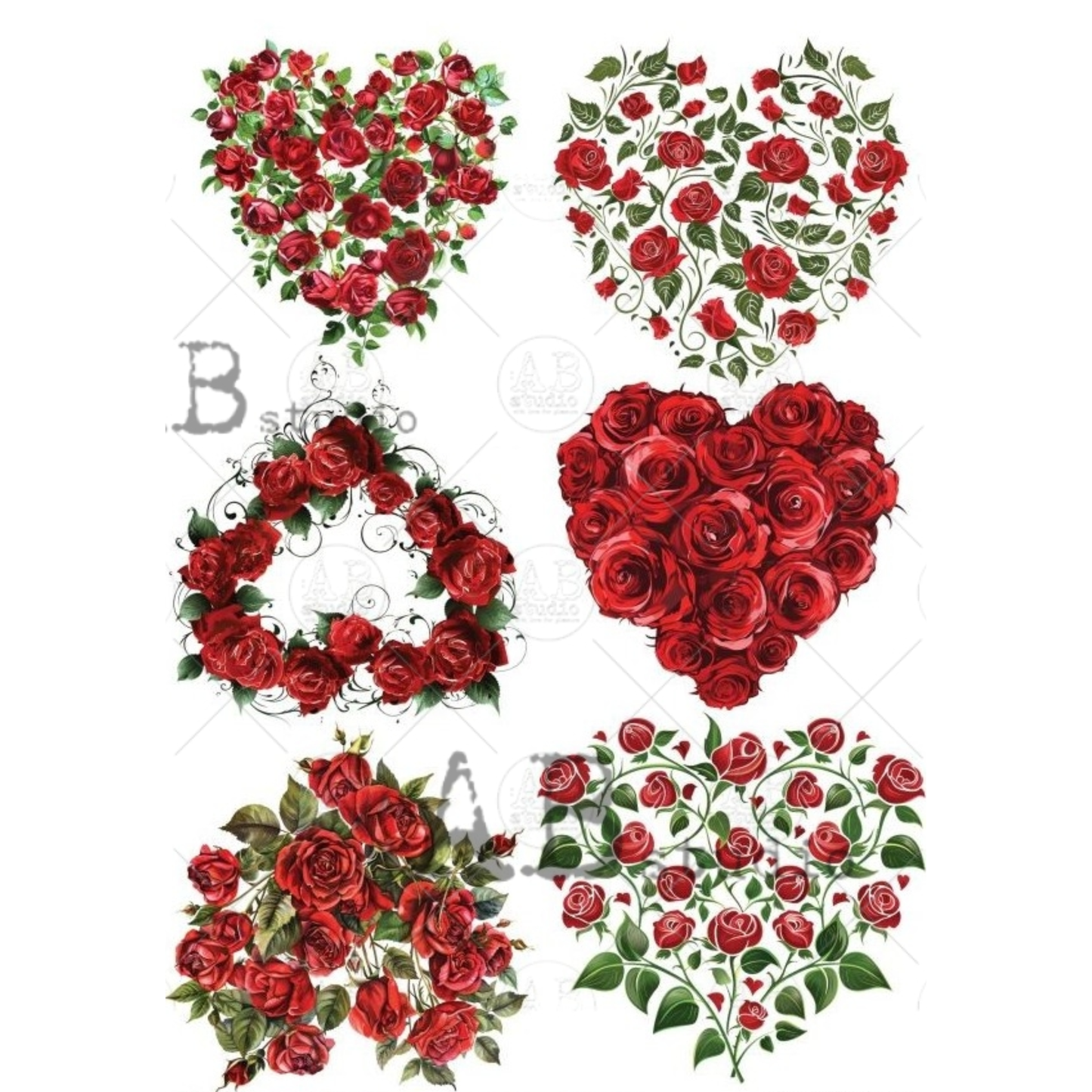 Set of six decorative designs with red roses and green leaves on a white background.