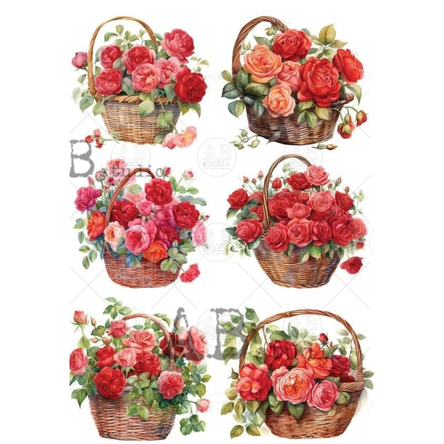 Set of six images showing wicker baskets filled with red and pink flowers on a white background.