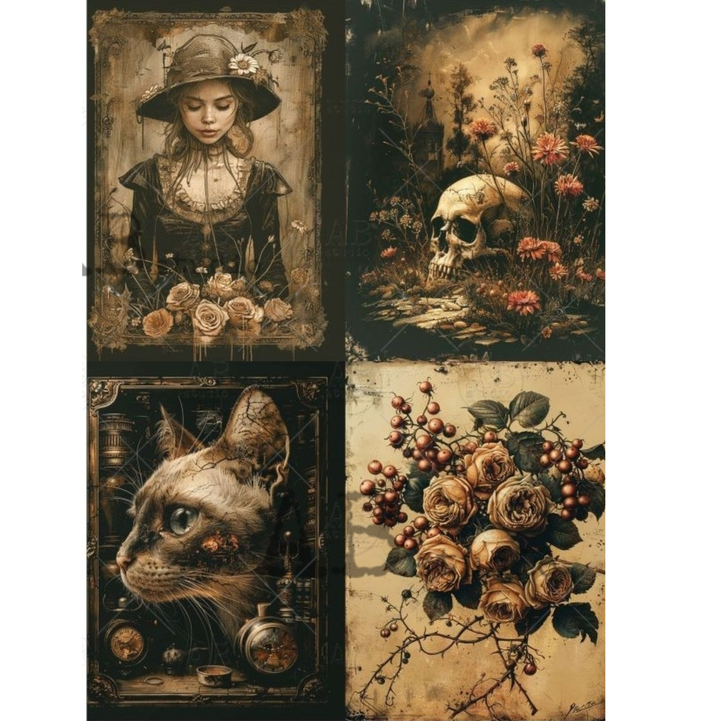Four images with artistic illustrations of a young girl, skull, cat, and flowers.