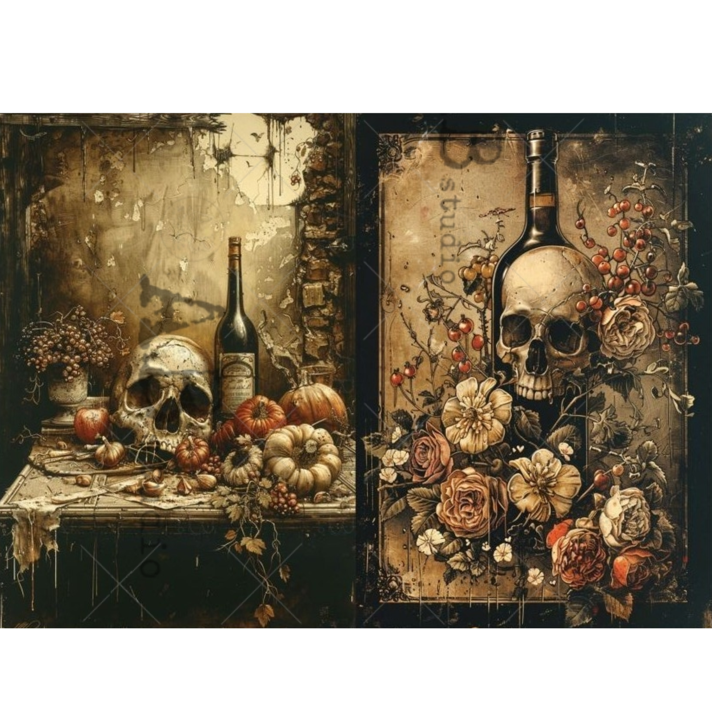 Two still life paintings with skulls, bottles, and flowers on a table.
