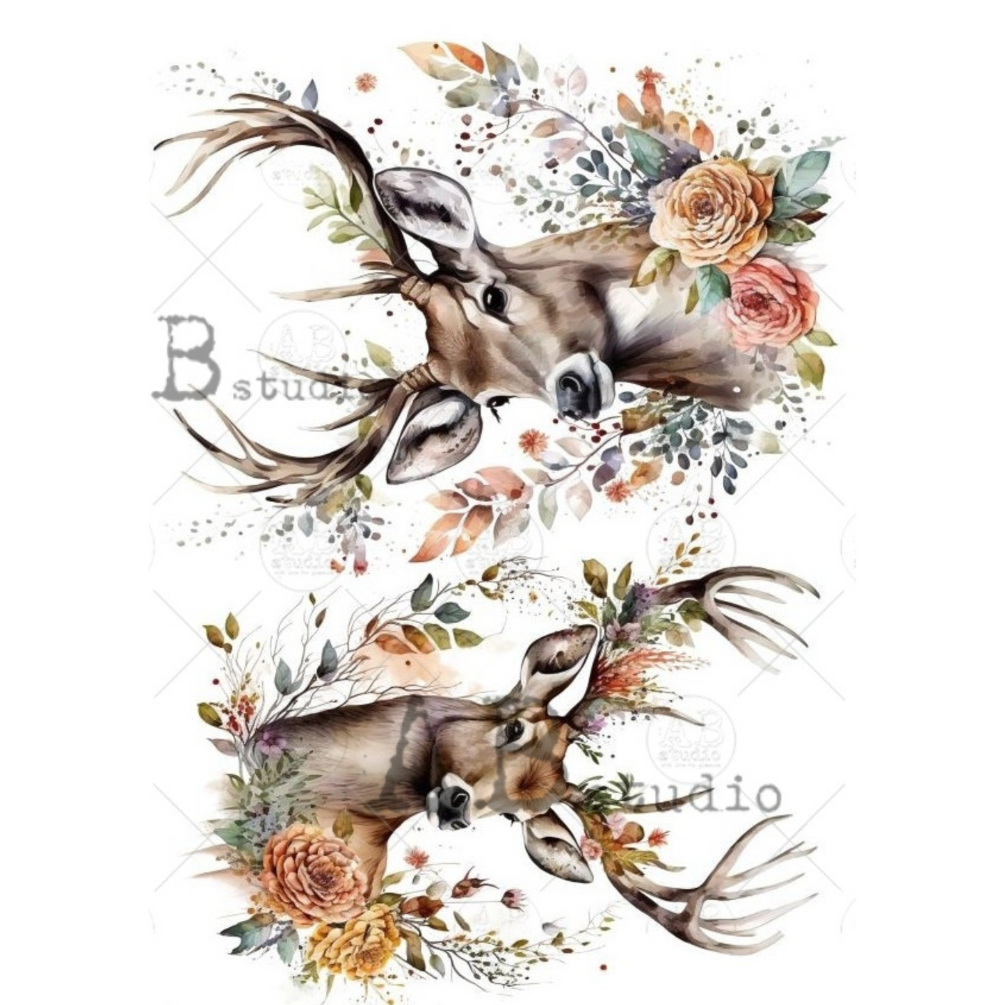Two deer heads with antlers surrounded by flowers and leaves.