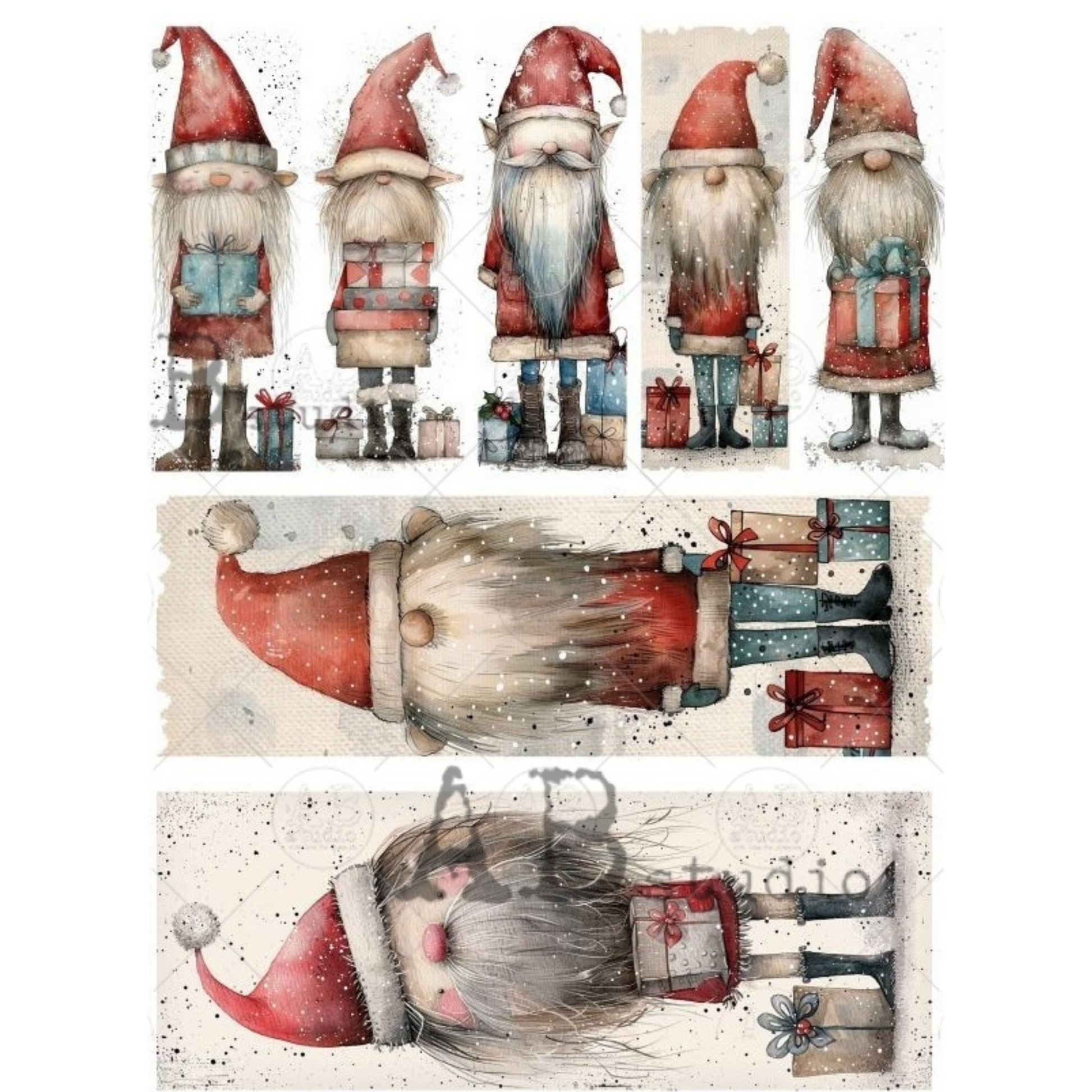 Set of Christmas-themed gnomes with red hats and white beards.