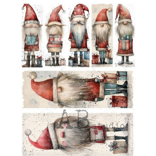 Set of Christmas-themed gnomes with red hats and white beards.