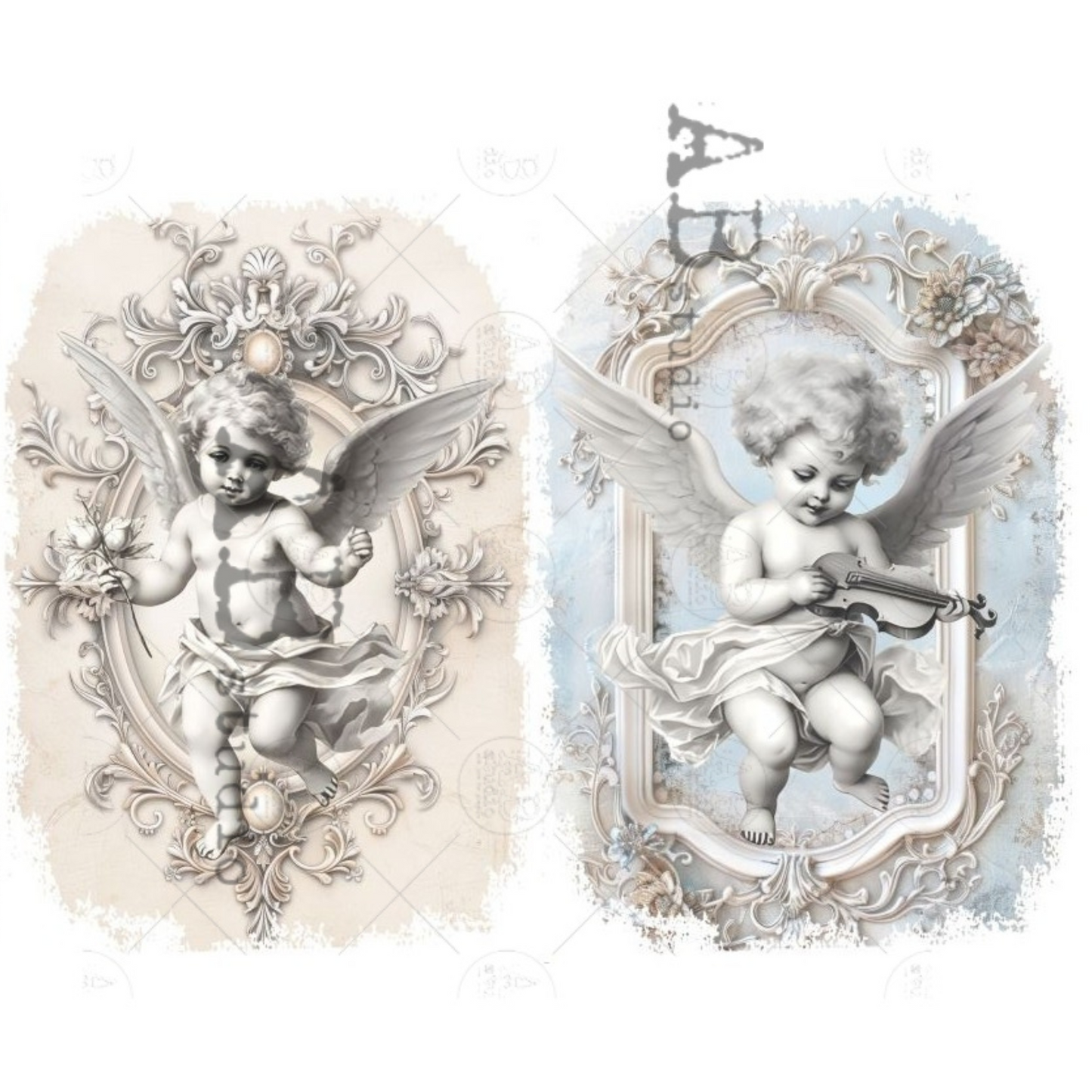 Two decorative images of cherubs with ornate frames on pink and blue backgrounds.
