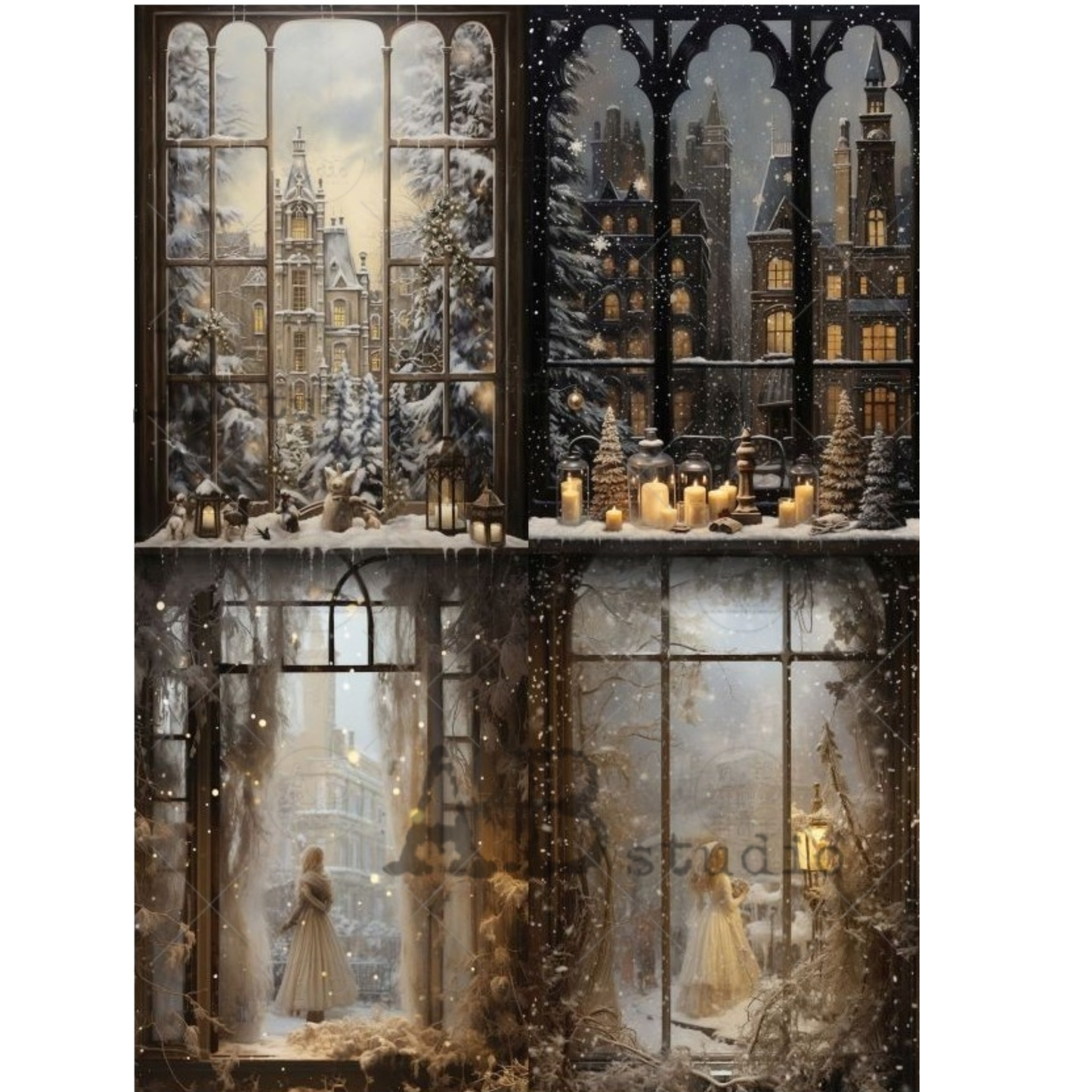 4 images of gothic windows on a winter evening background showing houses and young women in the snow.