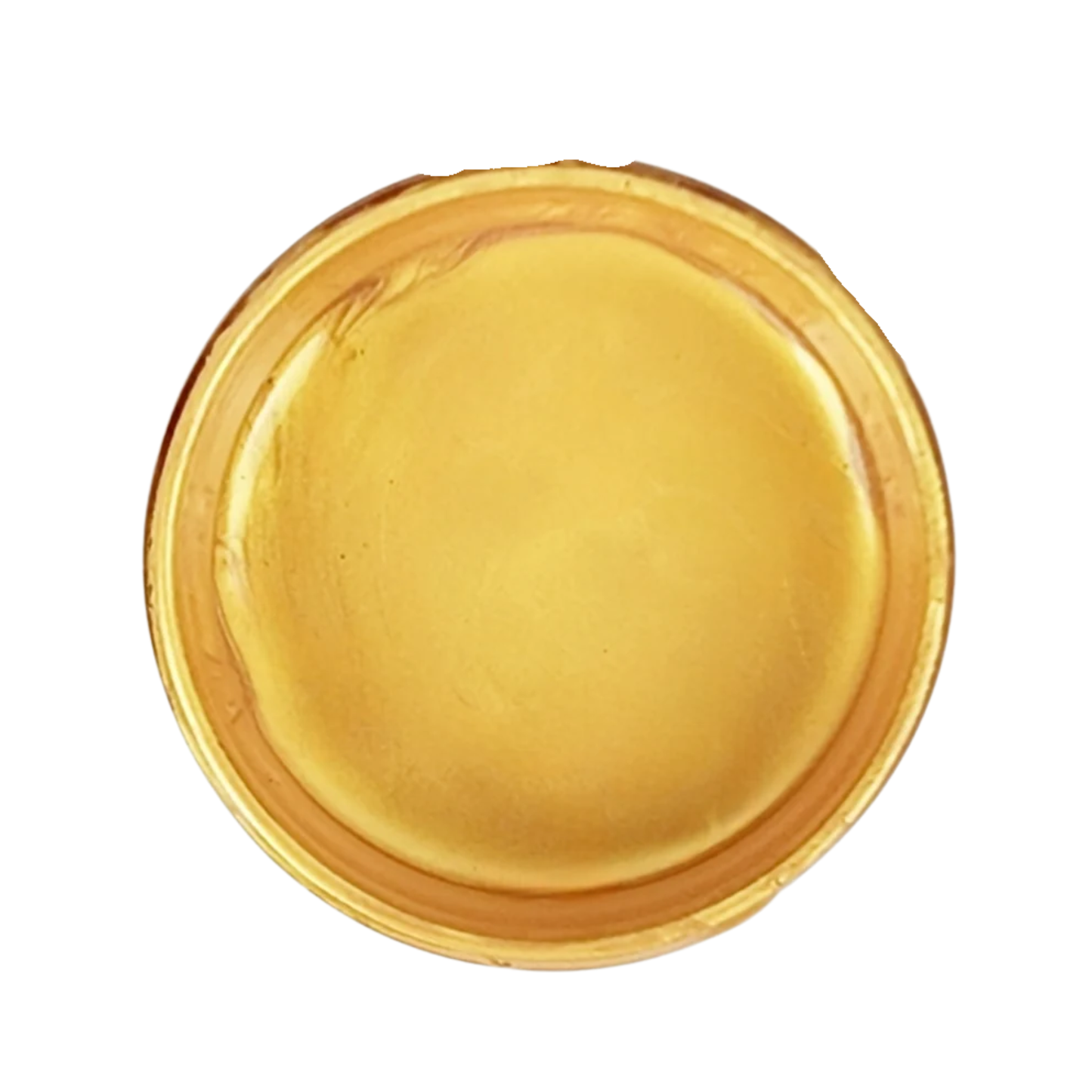 Open jar of gold metallic paint on a white background