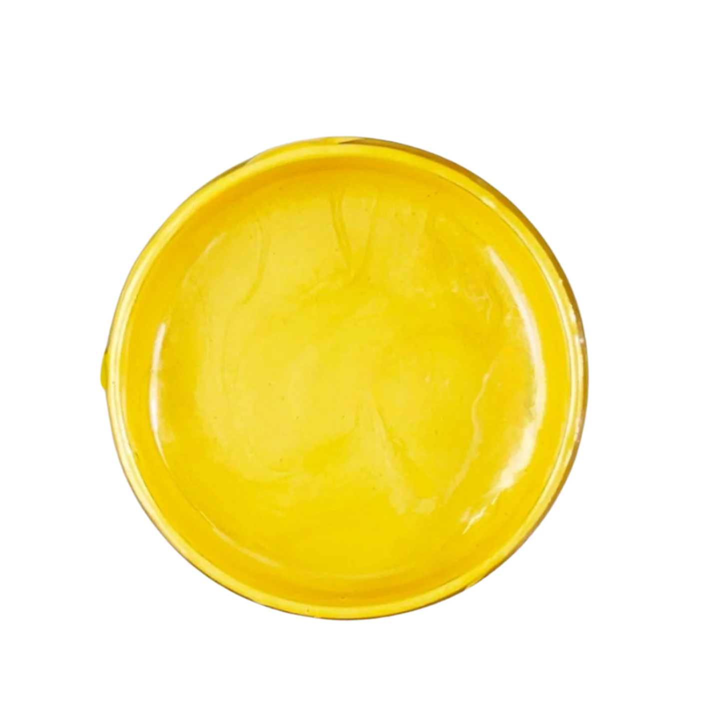 Open jar of bright yellow metallic paint on a white background.