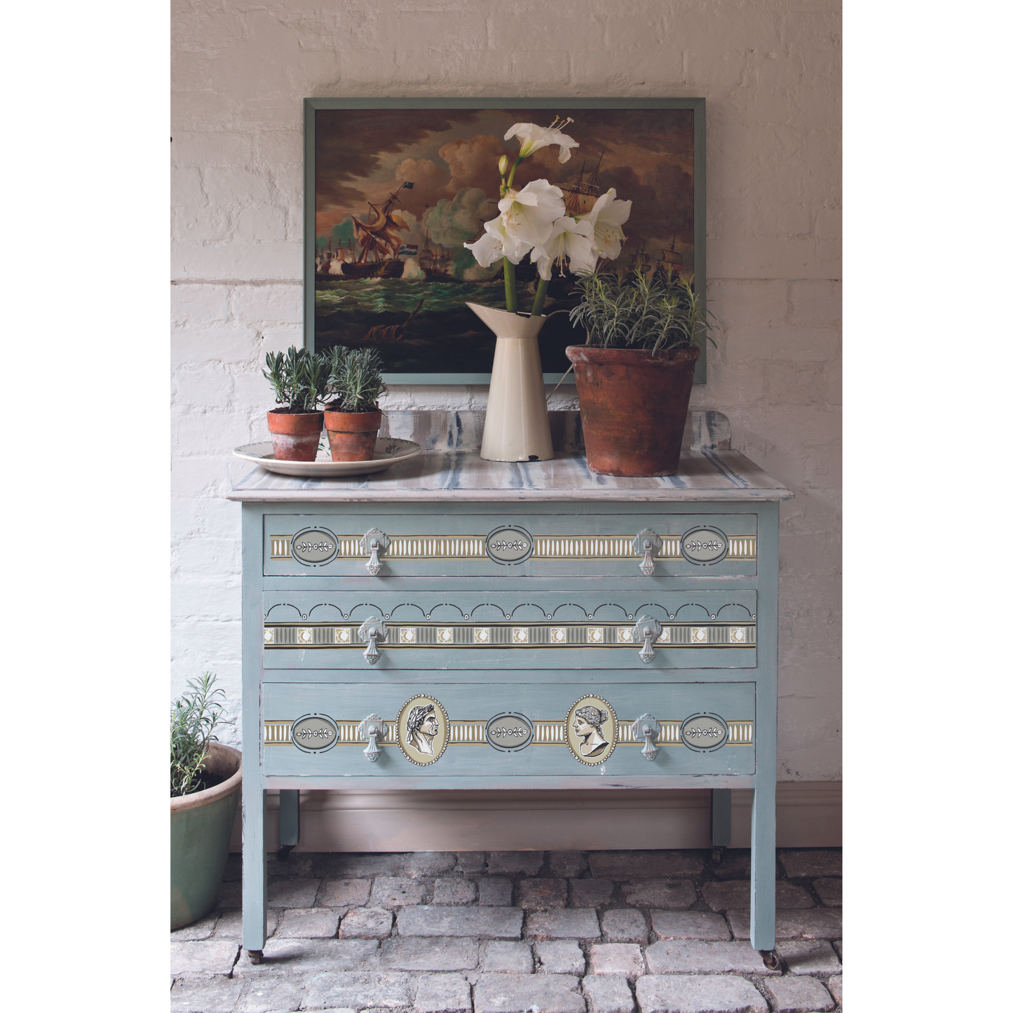 "Classical Cameo" IOD Paint Inlay Designed by Annie Sloan. Picture courtesy of Annie Sloan Interiors. Paint Inlay available at Milton's Daughter.