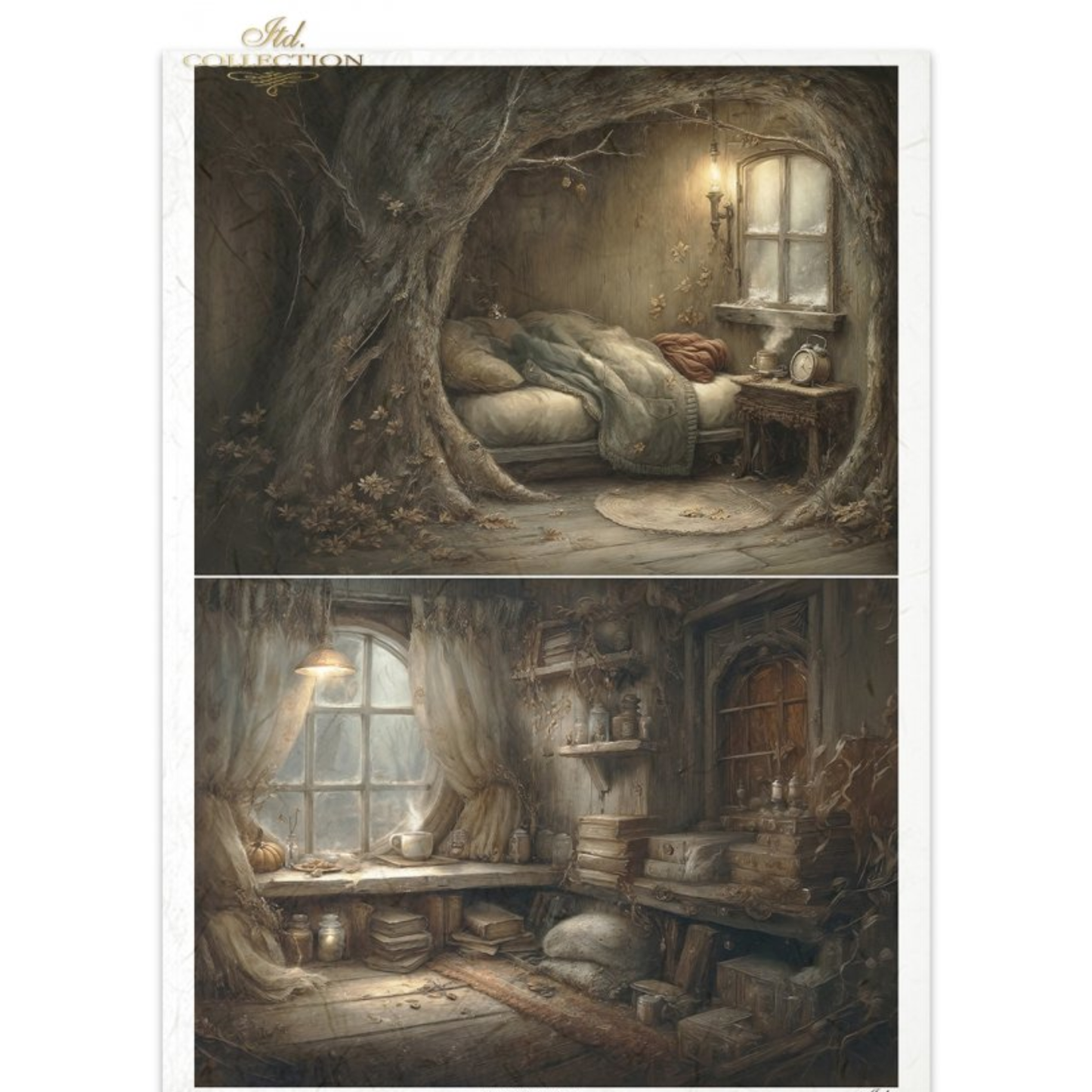 Two illustrations of cozy, rustic rooms with wooden furniture and warm lighting.