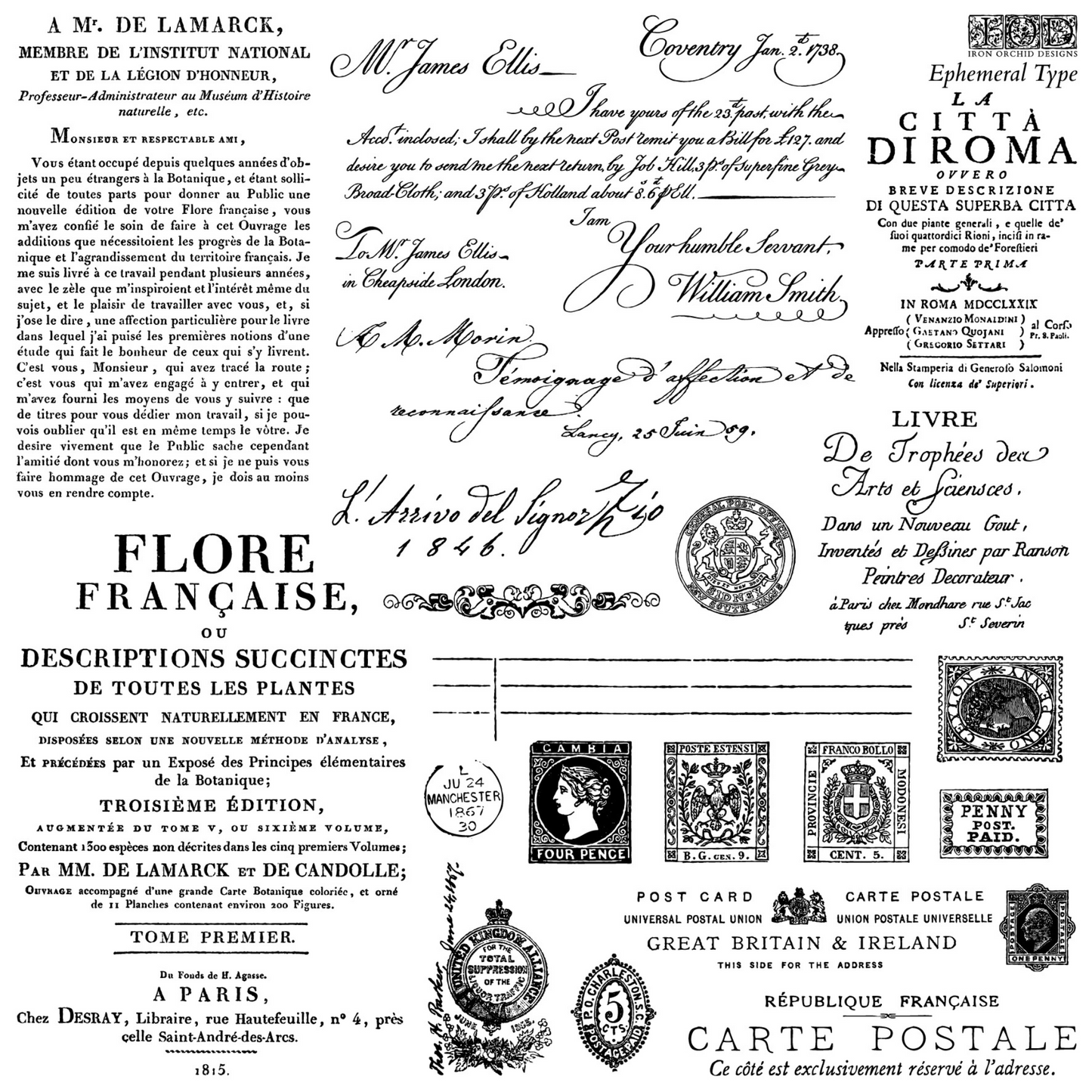 "Ephemeral Type" IOD Decor Stamp by Iron Orchid Designs. IOD Clear, Single sheet stamp available at Milton's Daughter.