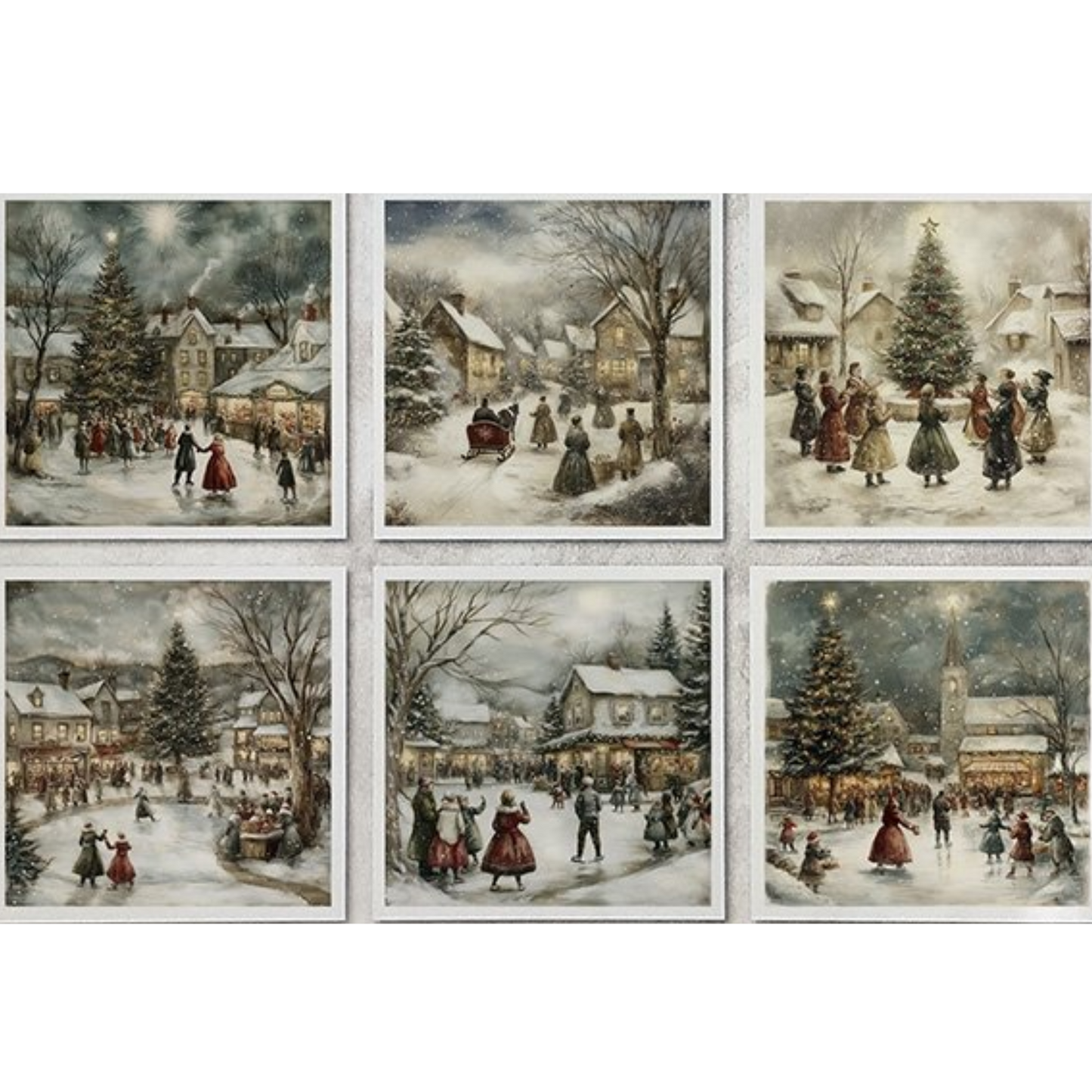 "Winter Village Skaters" Mini Rice Paper Set by ITD Collection. Six sheet detail.