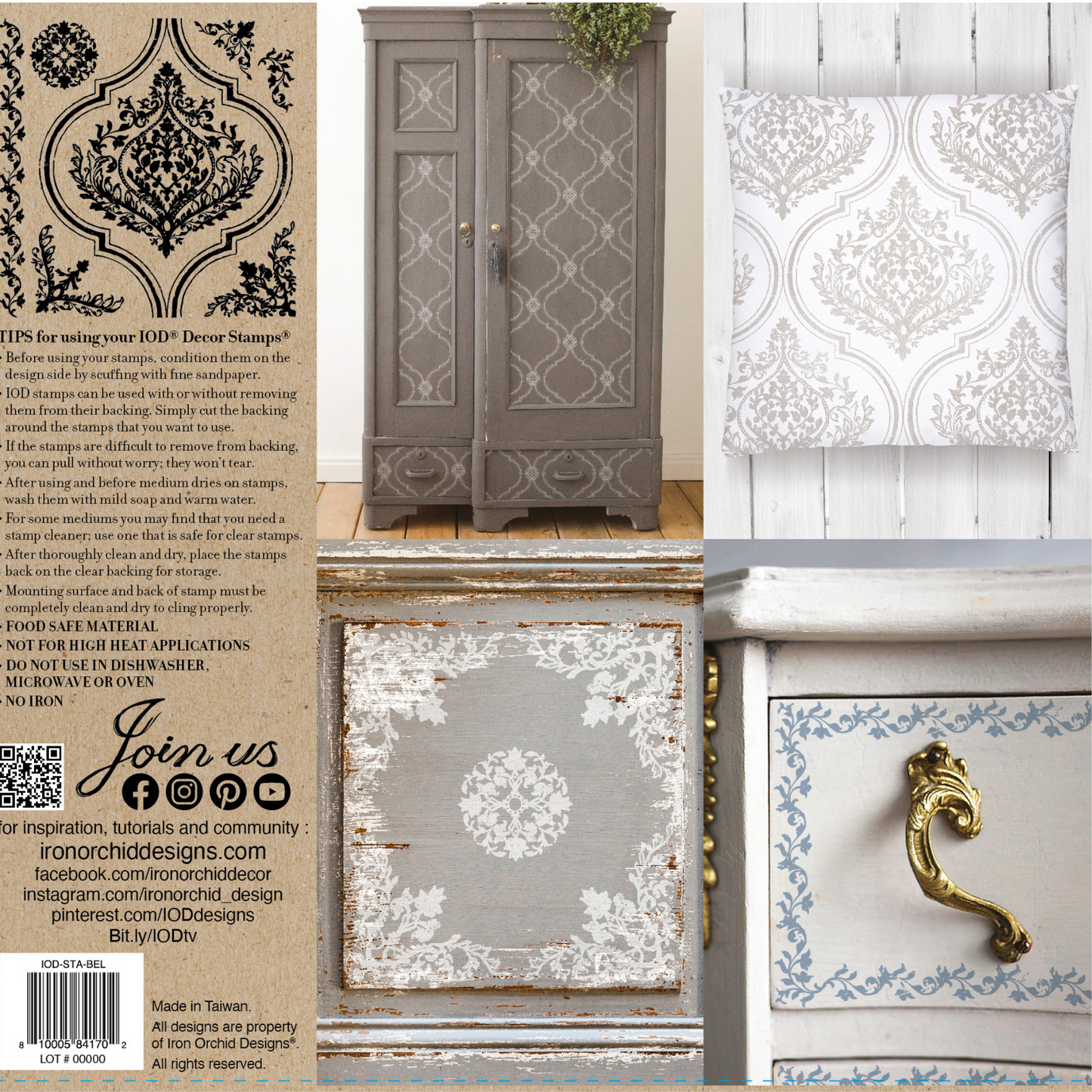 Bella IOD Stamp by Iron Orchid Designs. Product back cover. Silicone stamp measures 12" x 12' and is available at Milton's Daughter.