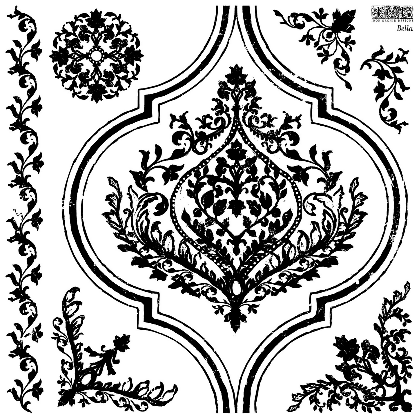 Bella IOD Stamp by Iron Orchid Designs. Silicone stamp measures 12" x 12' and is available at Milton's Daughter.