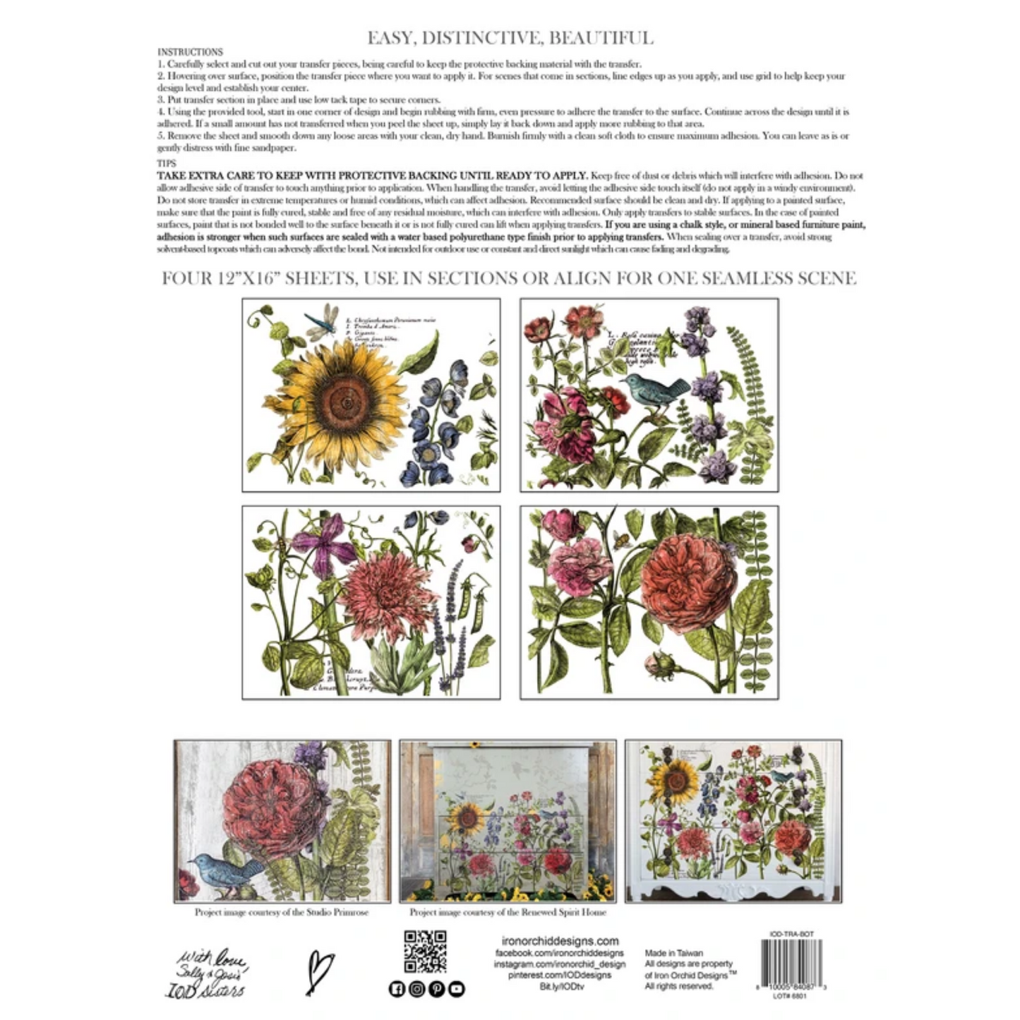 Botanist's Journal IOD furniture transfer product back cover with 4 sheet detail and pictures of sample uses on dresser fronts at Milton's Daughter