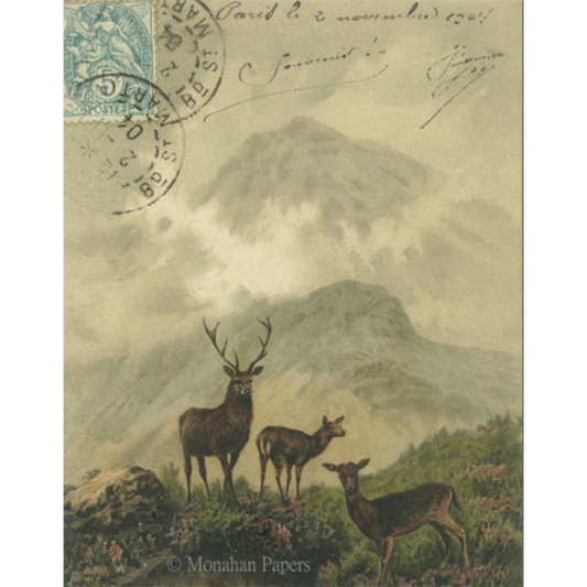 Deer Sightings-11" x 17" aged decoupage paper by Monahan Papers. Family of deer with landscape. Available at Milton's Daughter.
