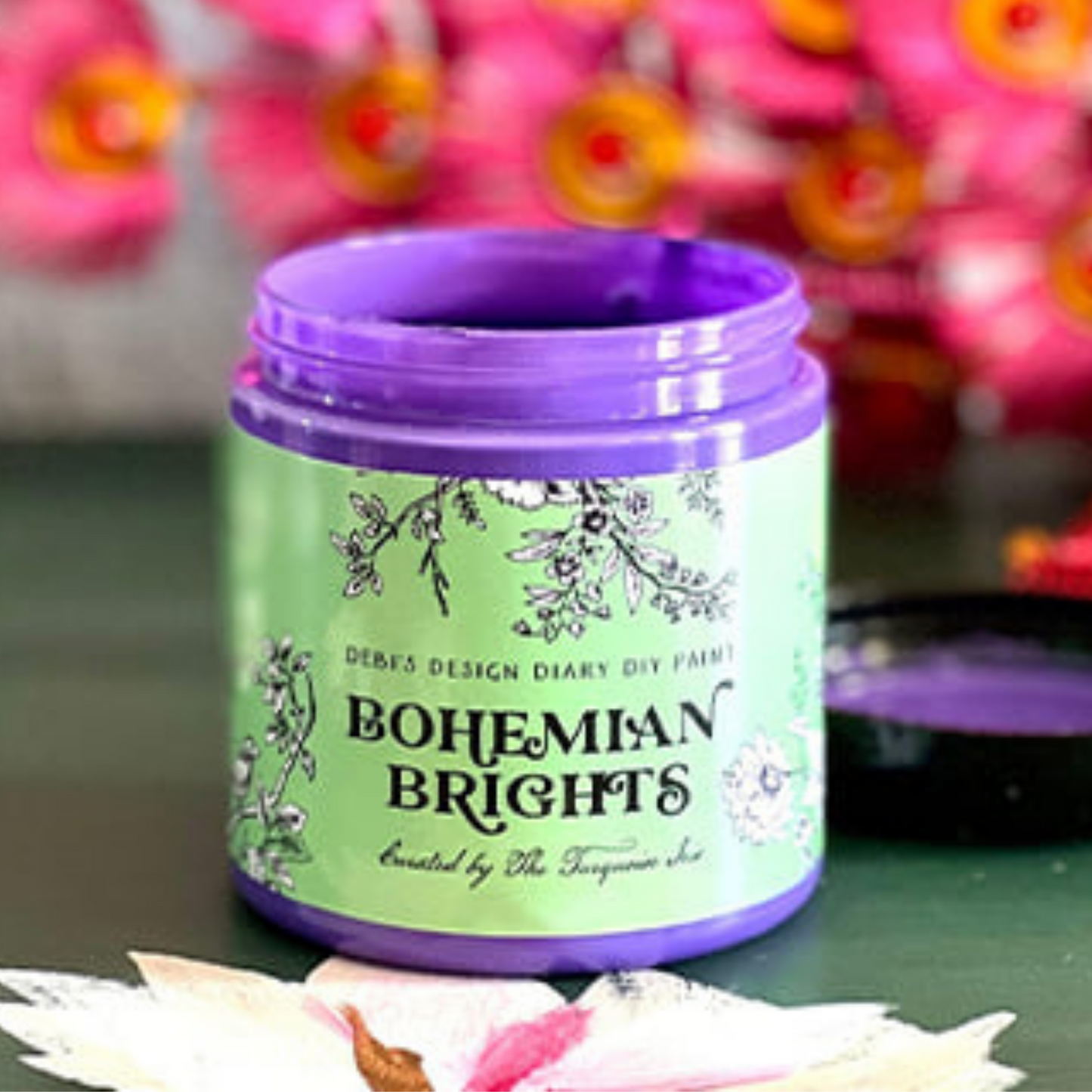 Color "Flourished" Bohemian Brights by Debi's Design Diary DIY Paint. 4 oz. jar available at Milton's Daughter. Curated by Dionne Woods of the Turquoise Iris.
