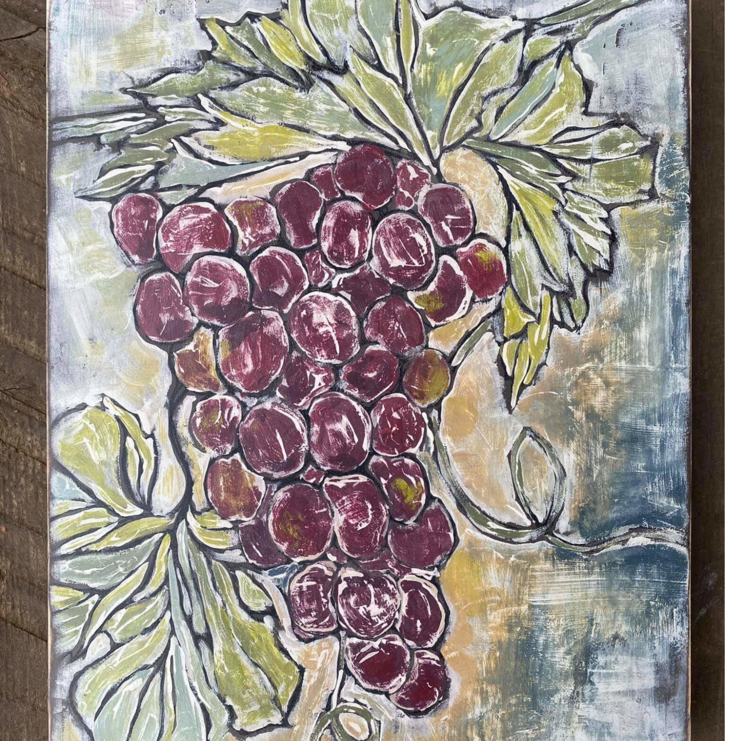 Example of grapes stamp painted, full color at Milton's Daughter.