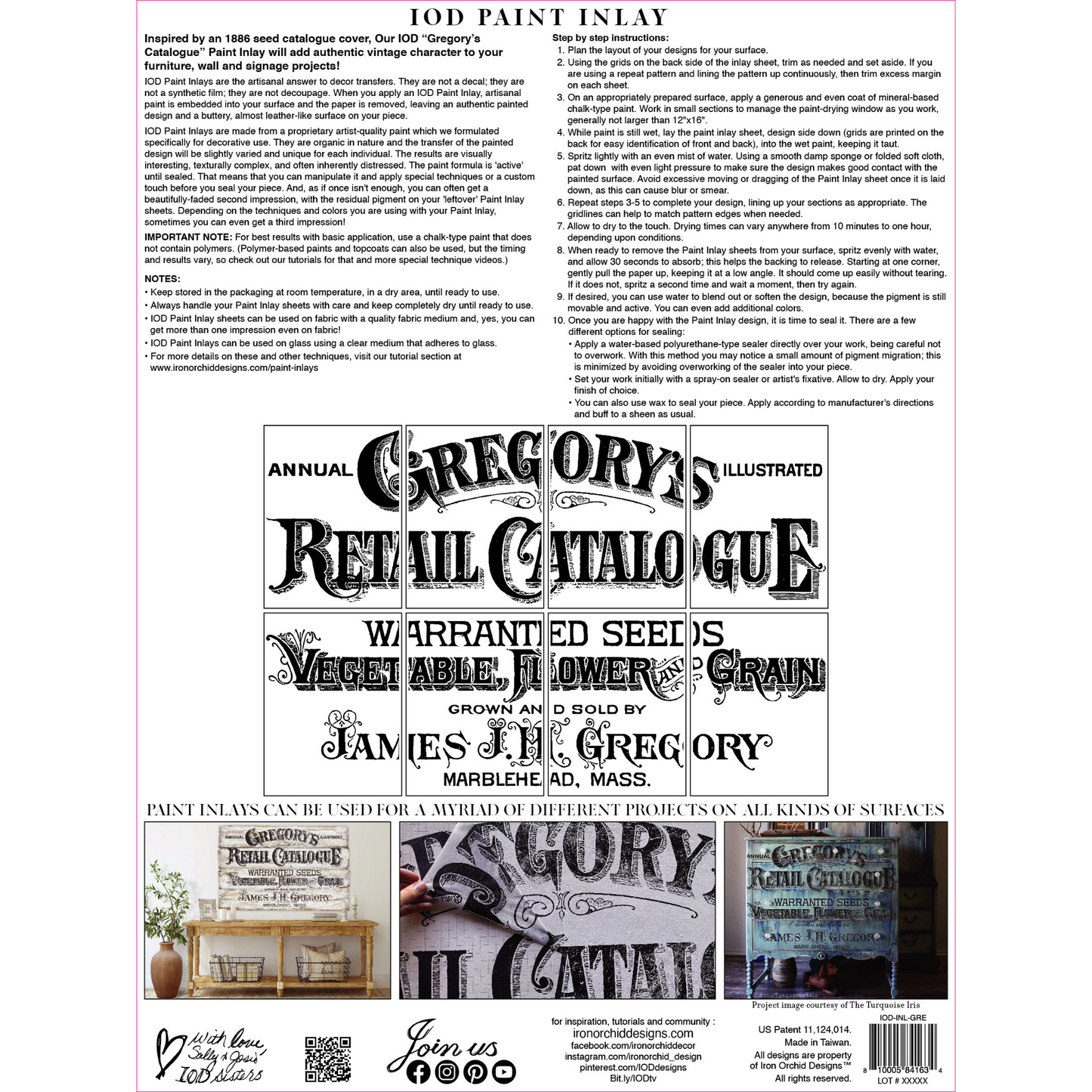 "Gregory's Catalogue" IOD Paint Inlay by Iron Orchid Designs. Back cover. Includes eight 12" x 16" sheets. Available at Milton's Daughter.