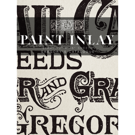 "Gregory's Catalogue" IOD Paint Inlay by Iron Orchid Designs. Front cover. Includes eight 12" x 16" sheets. Available at Milton's Daughter.